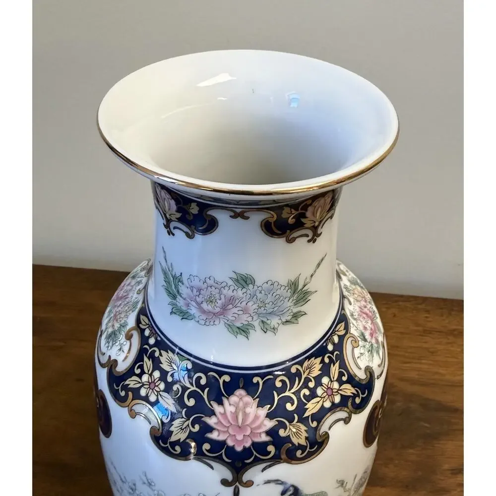 Vintage Japan Porcelain Peacock Floral Vase Cobalt Blue Gold Gilt 10.625